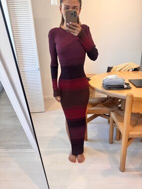 STAUD Striped Ribbed Maxi Dress in Burgundy and Black